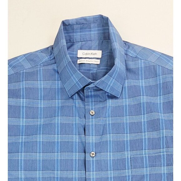 Calvin Klein 17-17.5 34-35 XL Mens Blue Check Regular Fit Wrinkle Free Stretch - Picture 1 of 10